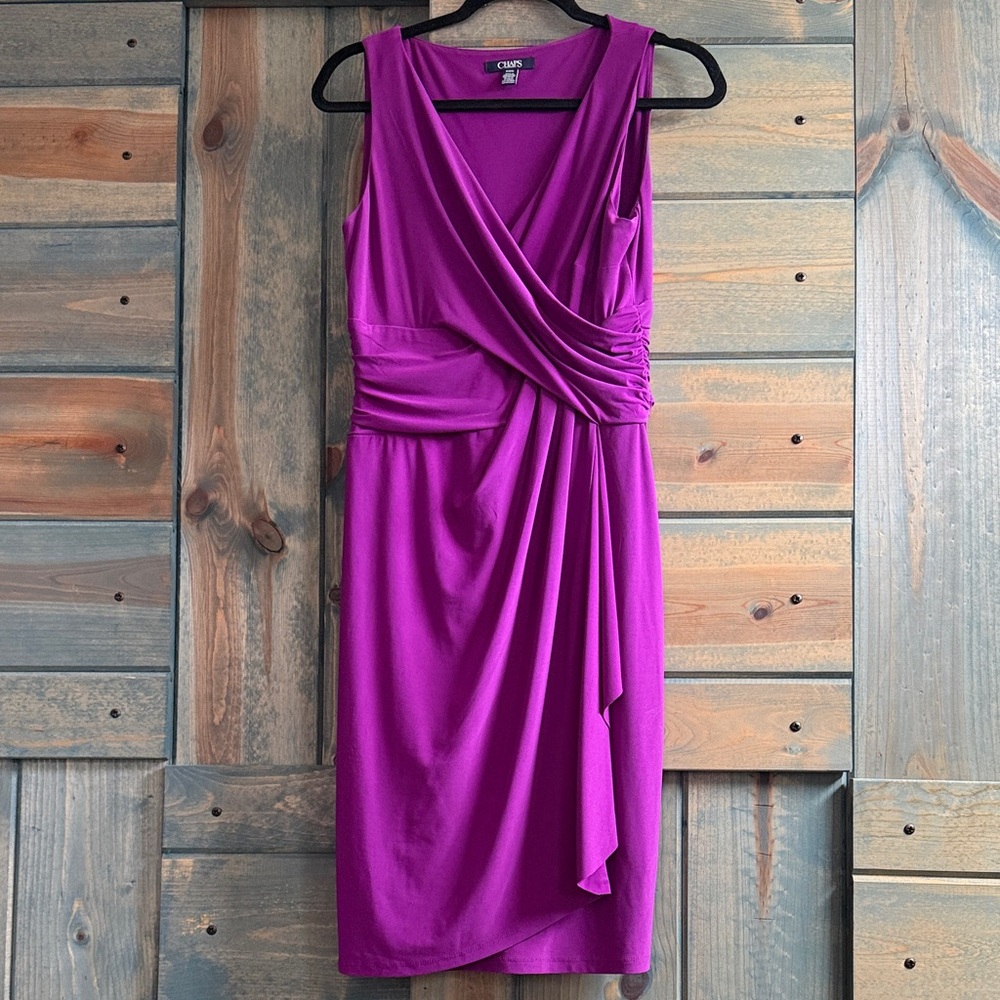 Chaps Sleeveless Faux-Wrap Midi Dress in Magenta